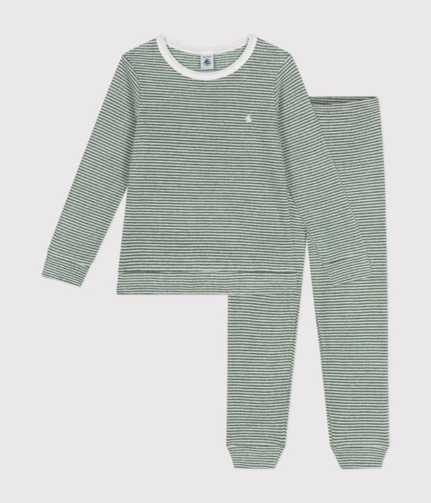 Pyjama ray&eacute; en bouclette &eacute;ponge gratt&eacute;e enfant vert/blanc