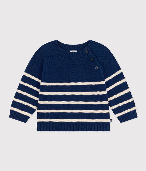 Pull en coton b&eacute;b&eacute; bleu/&eacute;cru