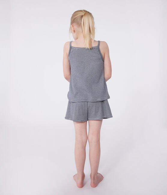 Pyjama short enfant en coton à bretelles à rayures bleu SMOKING/blanc MARSHMALLOW