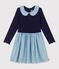 Robe enfant manches longues bi-mati&egrave;re en coton bleu SOIR
