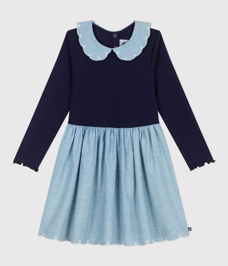 Robe enfant manches longues bi-mati&egrave;re en coton bleu SOIR