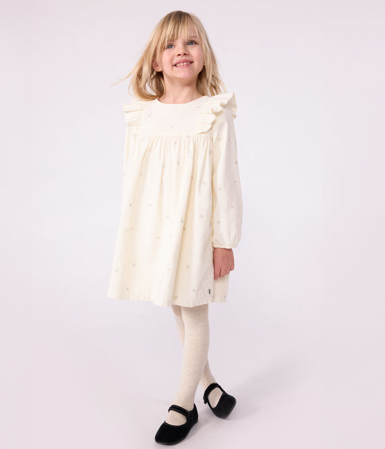 Robe enfant manches longues en velours unie écru MILK/ ARGENT