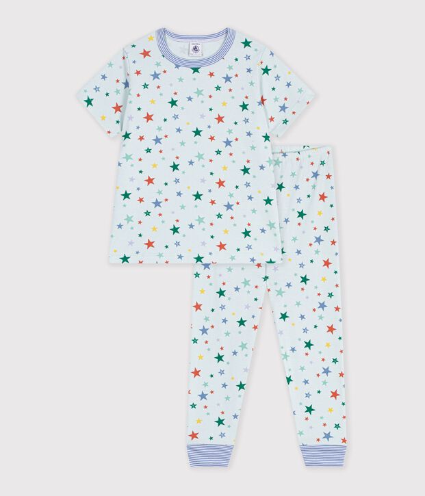 Pyjama enfant en coton manches courtes jambes longues imprim&eacute; bleu/multicouleur