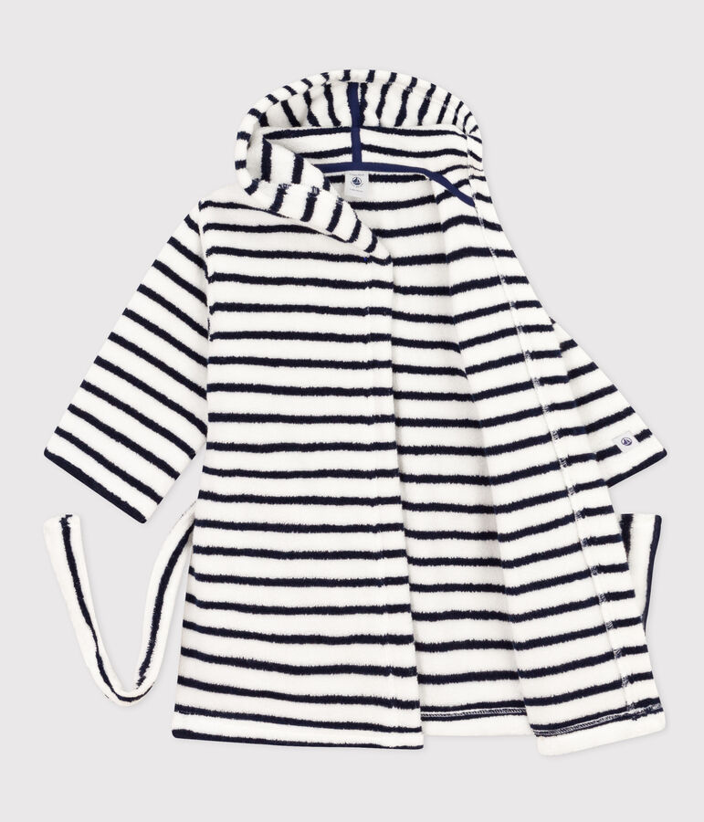 Peignoir ray&eacute; en &eacute;ponge enfant blanc LAIT/bleu MEDIEVAL