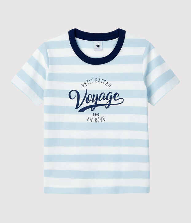 T-shirt manches courtes en coton enfant gar&ccedil;on bleu/blanc