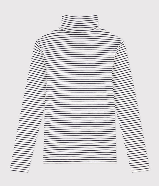 Tee-shirt col roul&eacute; L'ICONIQUE en coton Femme blanc/bleu