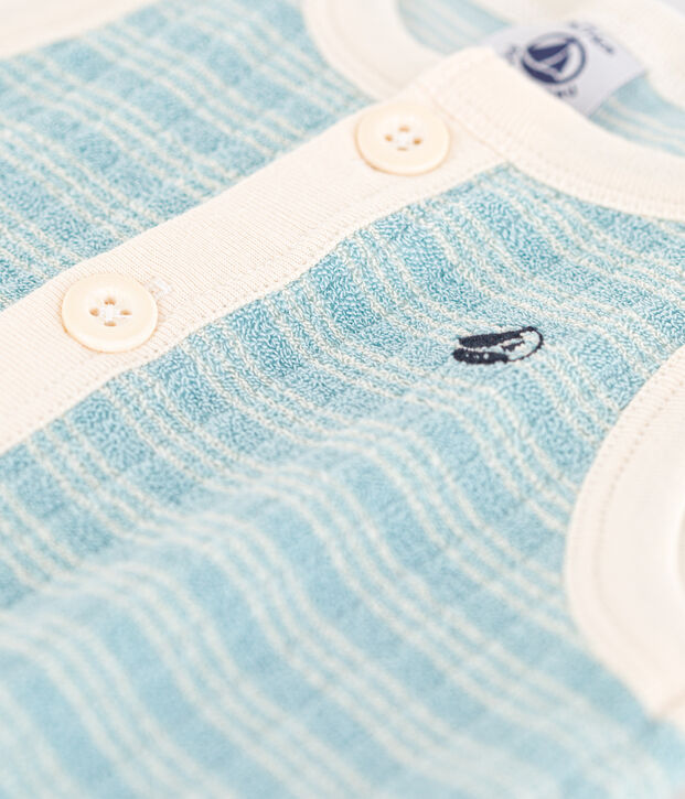 Combinaison courte b&eacute;b&eacute; en bouclette &eacute;ponge ray&eacute;e vert/&eacute;cru