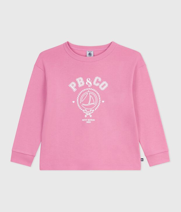 Tee-shirt enfant manches longues en coton imprim&eacute; rose