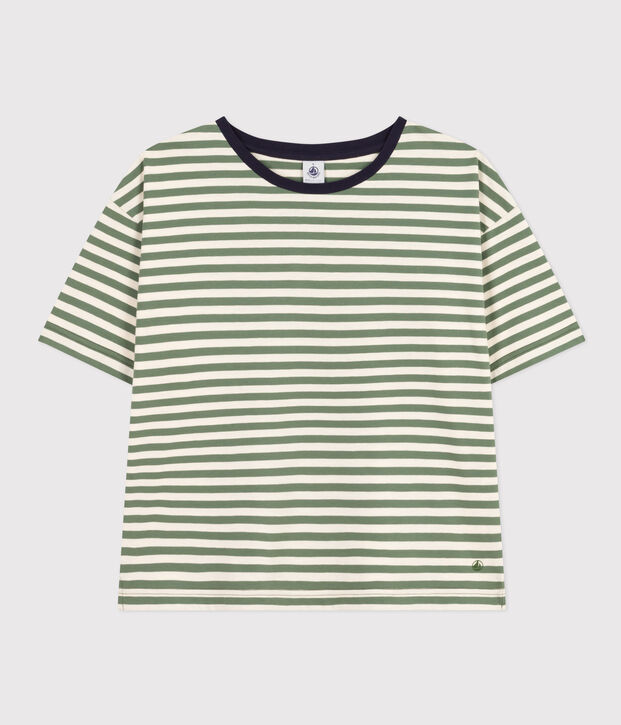 Tee-shirt le Boxy en coton ray&eacute; femme vert/&eacute;cru