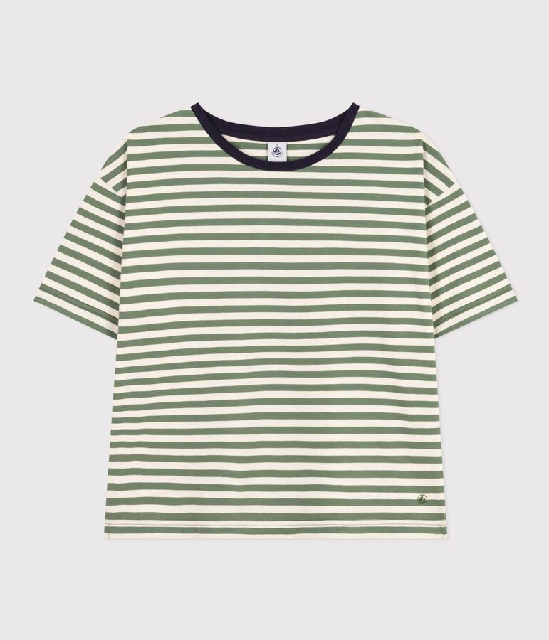 Tee-shirt le Boxy en coton ray&eacute; femme vert/&eacute;cru
