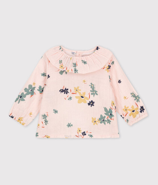 Blouse manches longues bébé imprimée en gaze de coton rose SALINE/blanc MULTICO