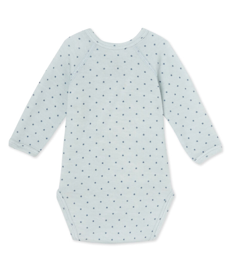 Body naissance b&eacute;b&eacute; gar&ccedil;on manches longues laine et coton bleu/gris