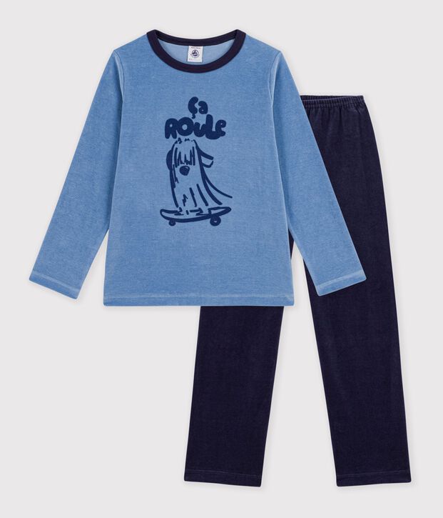 Pyjama enfant en velours uni &agrave; motif bleu/bleu
