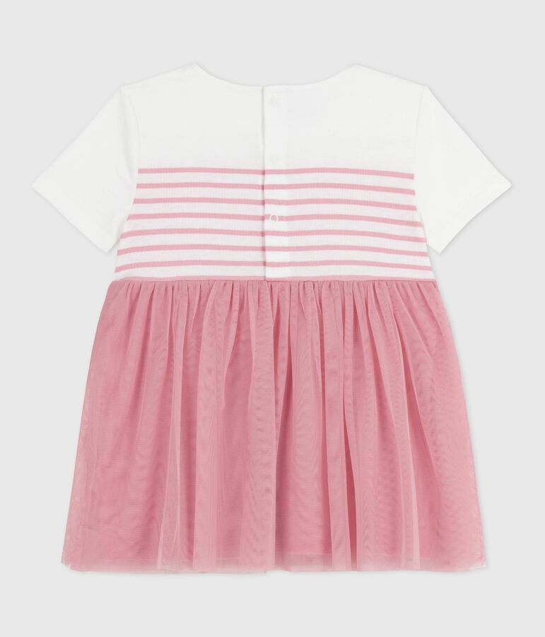 Robe b&eacute;b&eacute; coton et tulle manches courtes, haut ray&eacute; blanc MARSHMALLOW/rose CHARME
