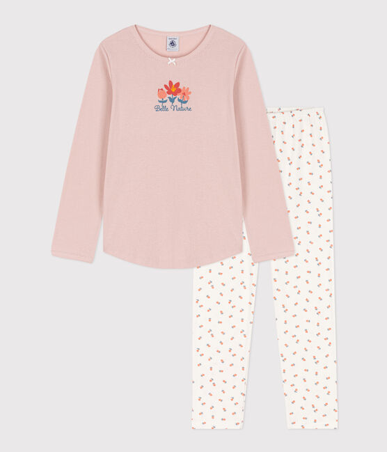 Pyjama petite fille en coton rose SALINE/blanc MULTICO