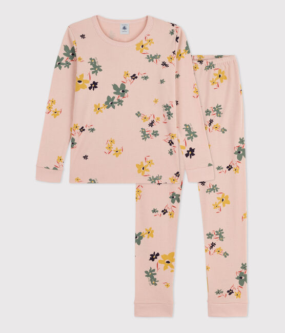 Pyjama ajusté fleur petite fille en coton rose SALINE/blanc MULTICO