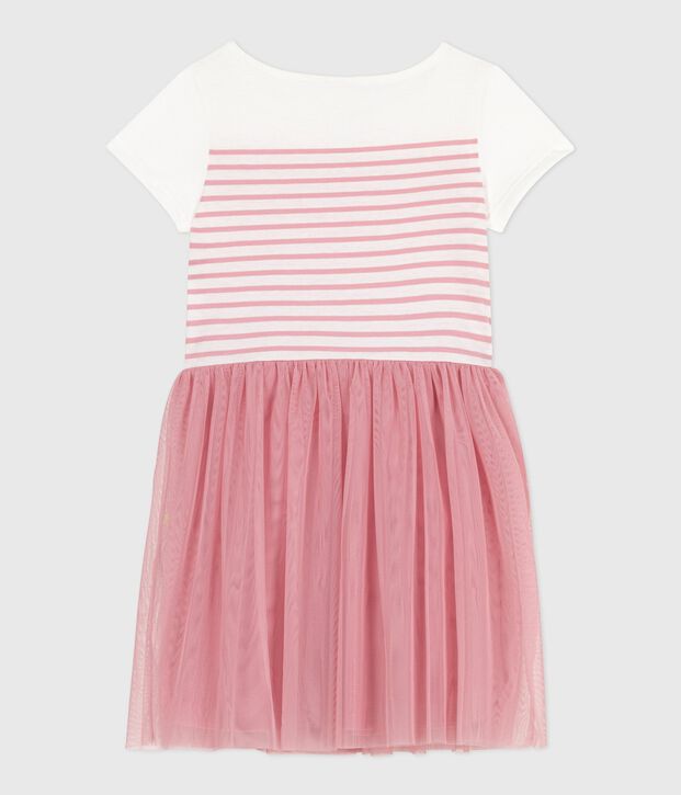 Robe enfant en coton et tulle manches courtes blanc/rose