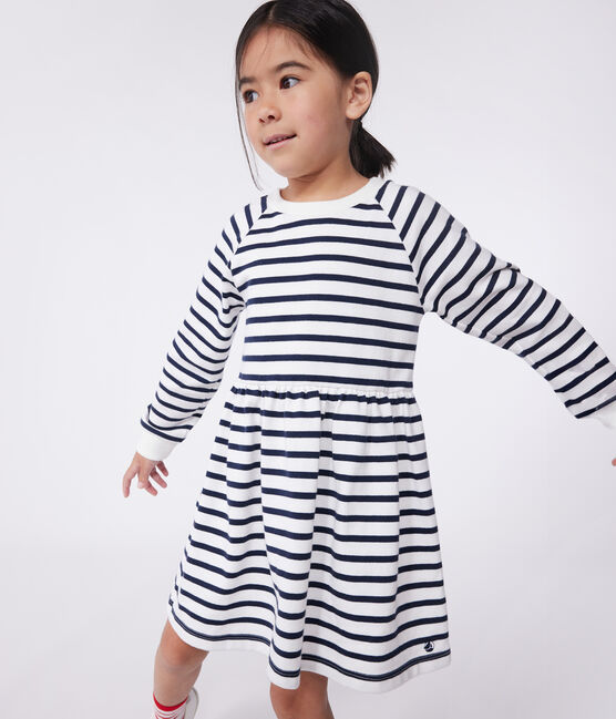 Robe enfant en coton manches longues à rayures blanc MARSHMALLOW/bleu SMOKING