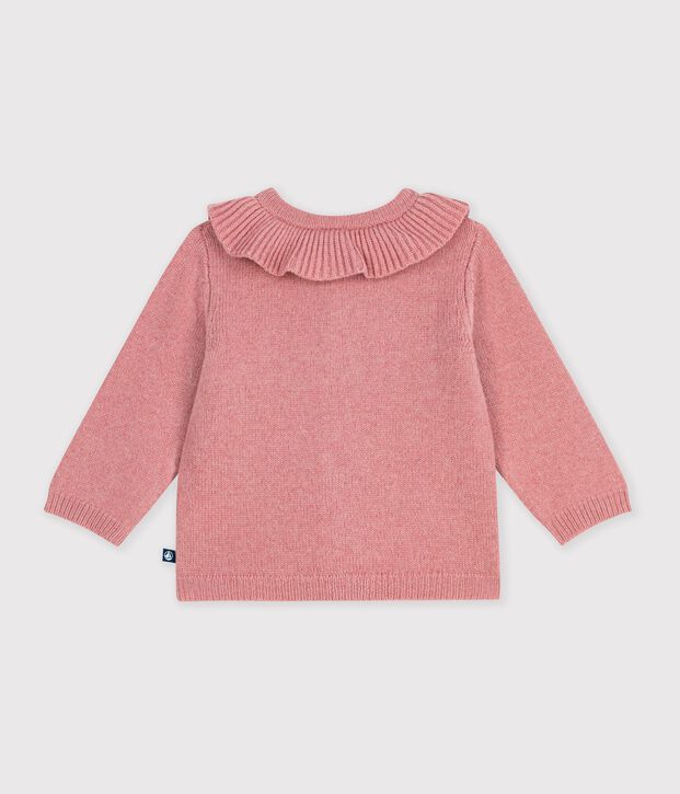 Cardigan b&eacute;b&eacute; en tricot laine et coton uni &agrave; col rose