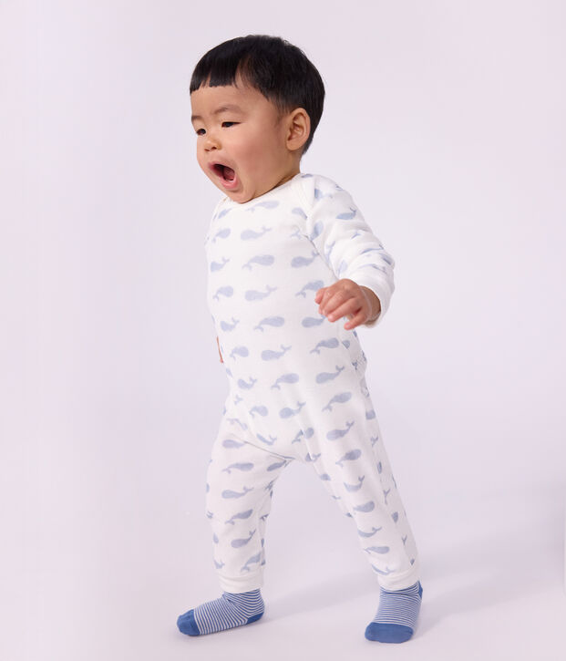 Pyjama b&eacute;b&eacute; en velours ouverture sans pression imprim&eacute; baleine blanc/bleu