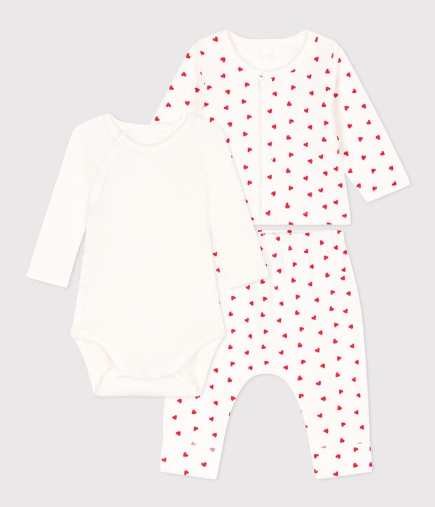 Ensemble en molleton imprim&eacute; petits c&oelig;urs b&eacute;b&eacute; blanc/rouge