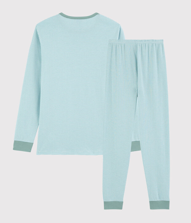 Pyjama ray&eacute; bleu mixte en c&ocirc;te bleu/blanc