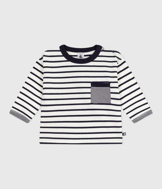 Tee-shirt bébé en coton à manches longues, rayé blanc MARSHMALLOW/bleu SMOKING