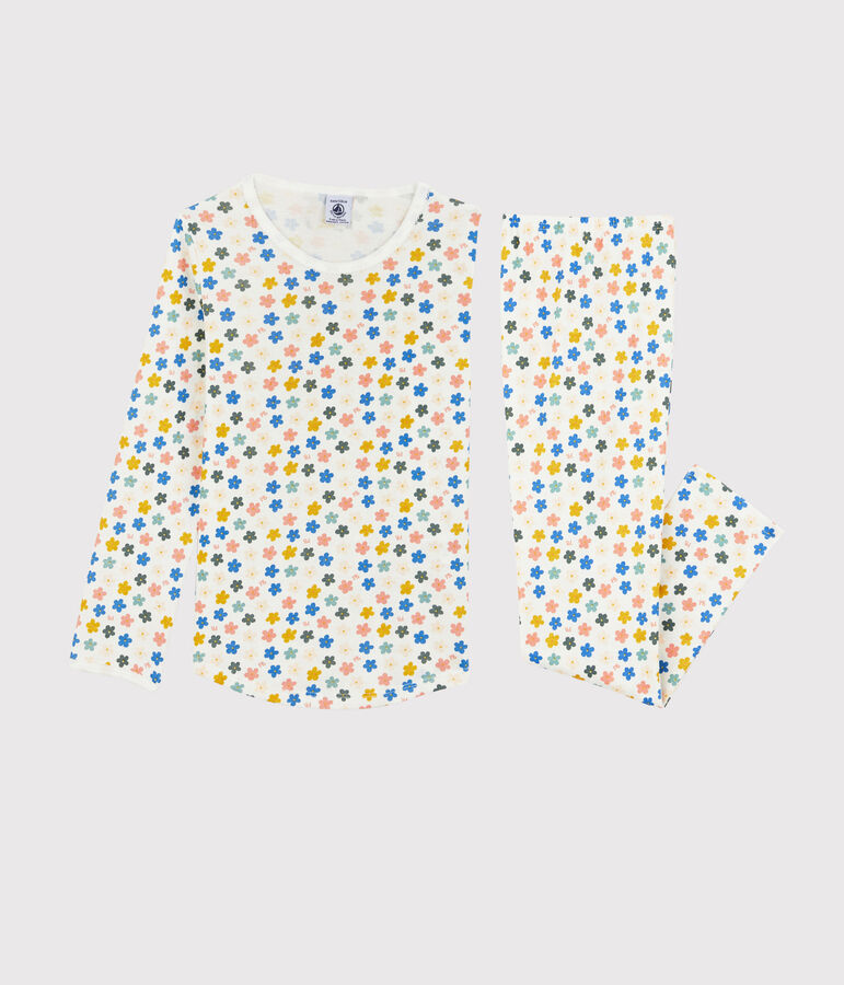 Pyjama fleurs phosphorescentes petite fille en coton blanc MARSHMALLOW/blanc MULTICO