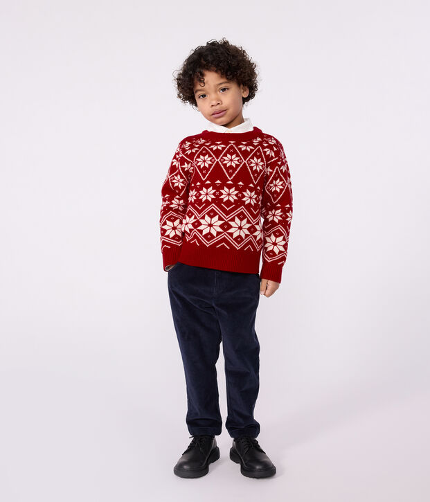 Pull enfant en laine et coton &agrave; motifs rouge/&eacute;cru