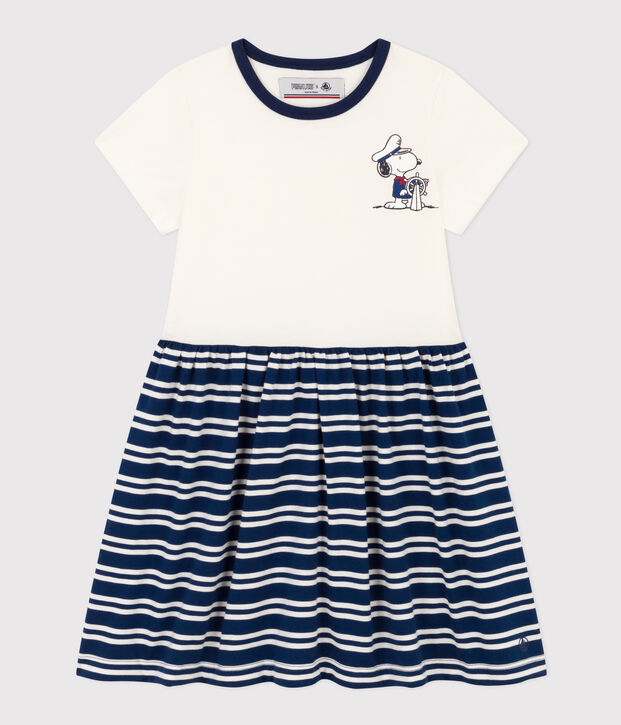 Robe manches courtes en coton enfant fille bleu/blanc