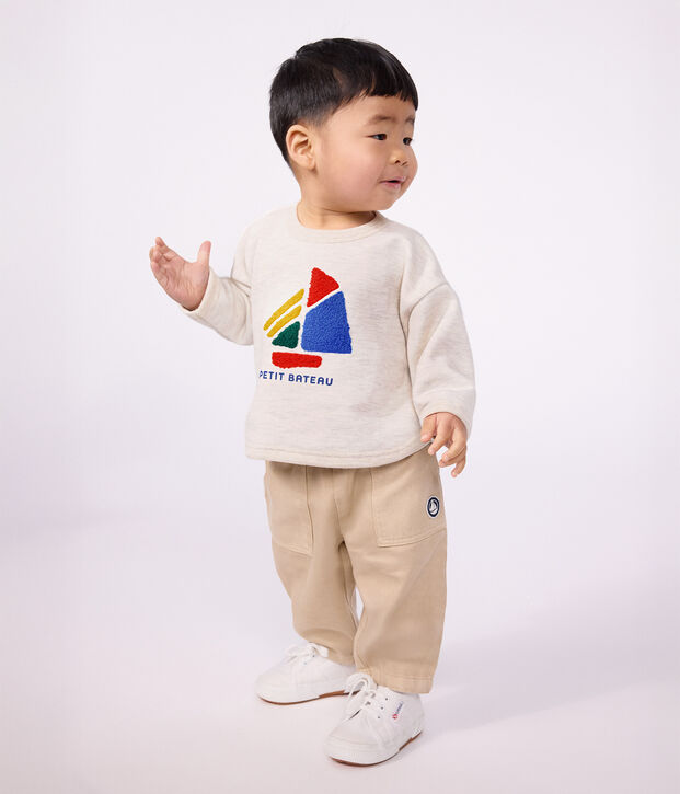 Sweatshirt b&eacute;b&eacute; en coton uni et motif bateau beige chin&eacute;