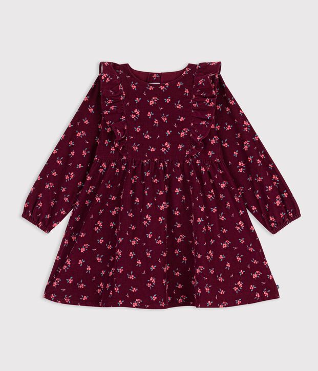 Robe enfant en velours manches longues &agrave; fleurs rouge/multicouleur