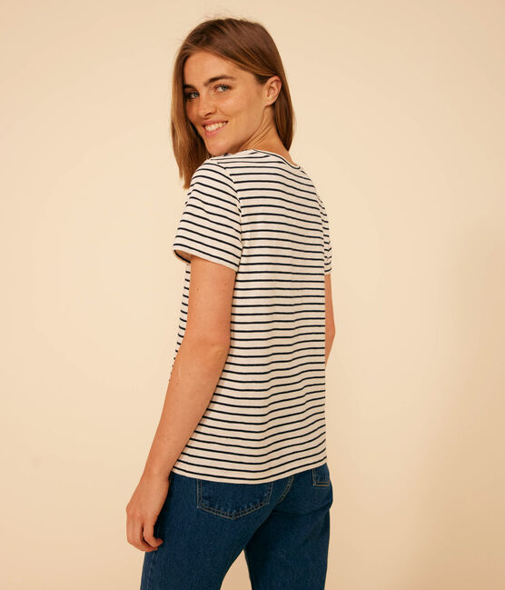 Tee-shirt Le Droit col rond en coton rayé femme blanc AVALANCHE/bleu SMOKING