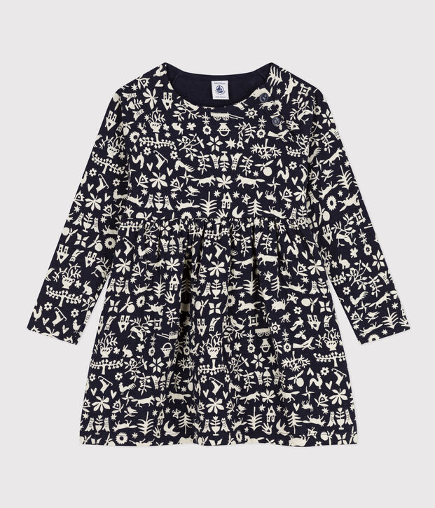 Robe manches longues en tubique imprim&eacute; enfant fille bleu/&eacute;cru