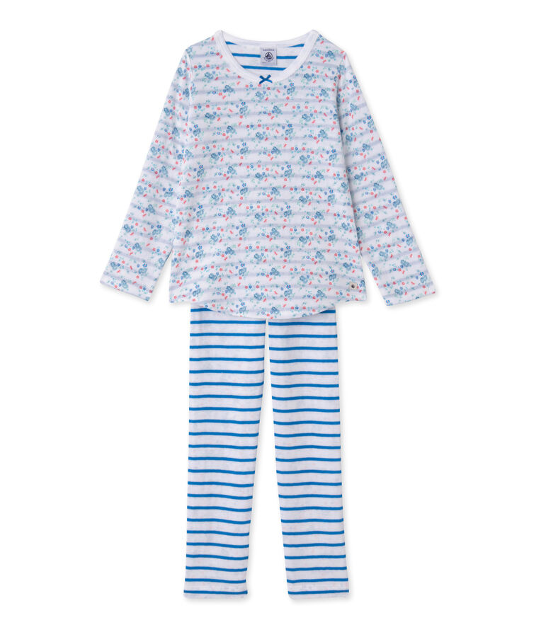 Pyjama fille en tubique r&eacute;versible blanc ECUME/bleu BLEU/ MULTICO