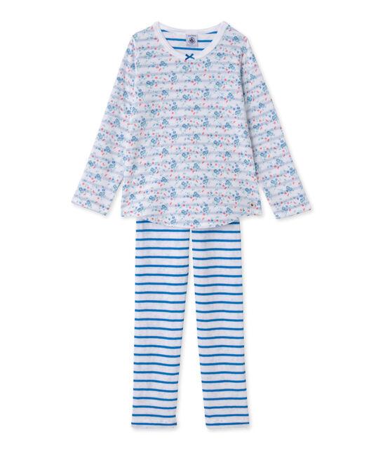 Pyjama fille en tubique réversible blanc ECUME/bleu BLEU/ MULTICO