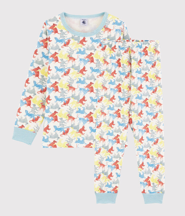 Pyjama imprim&eacute; chats petit gar&ccedil;on en molleton blanc/multicouleur