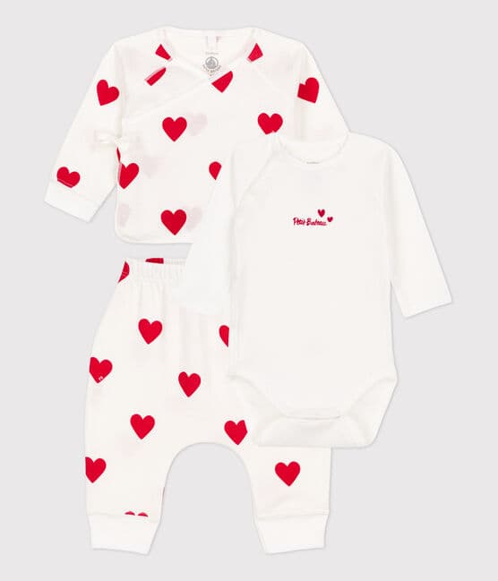 Ensemble 3 pièces à cœurs bébé en coton blanc MARSHMALLOW/rouge TERKUIT
