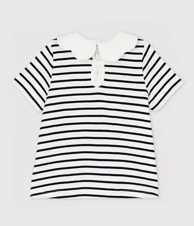 Blouse manches courtes en coton b&eacute;b&eacute; fille blanc/bleu