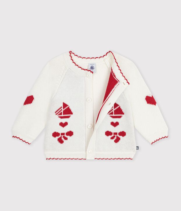 Cardigan b&eacute;b&eacute; en tricot laine et coton et motifs jacquards blanc/rouge
