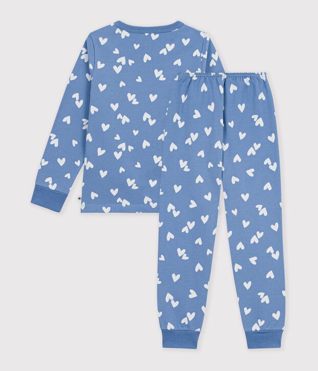 Pyjama enfant en molleton &agrave; c&oelig;urs bleu/blanc