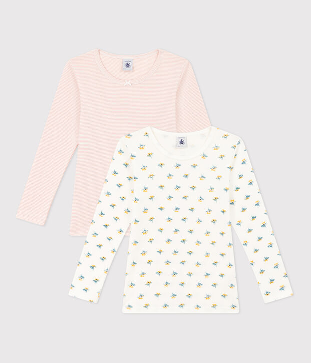 Lot de 2 tee shirts manches longues fleur en coton petite fille multicouleur