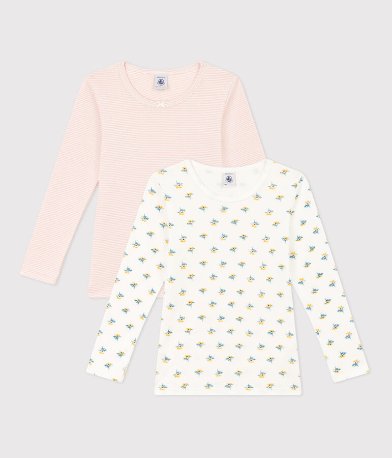 Lot de 2 tee shirts manches longues fleur en coton petite fille multicouleur