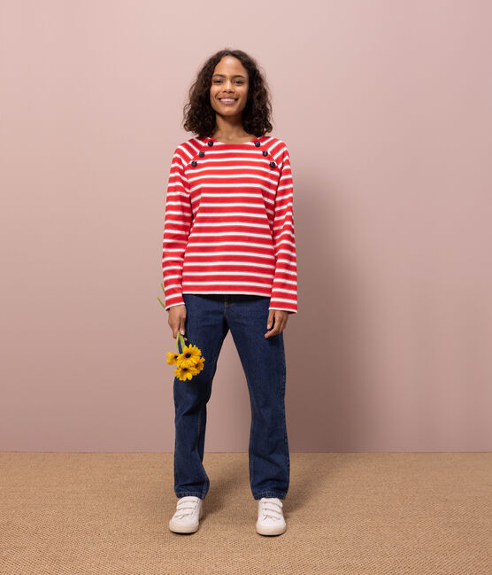 Marinière boutonnée en coton Femme rouge PEPS/blanc MARSHMALLOW