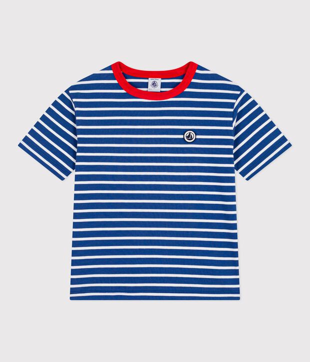 Tee-shirt enfant manches courtes en coton &agrave; rayures bleu/blanc