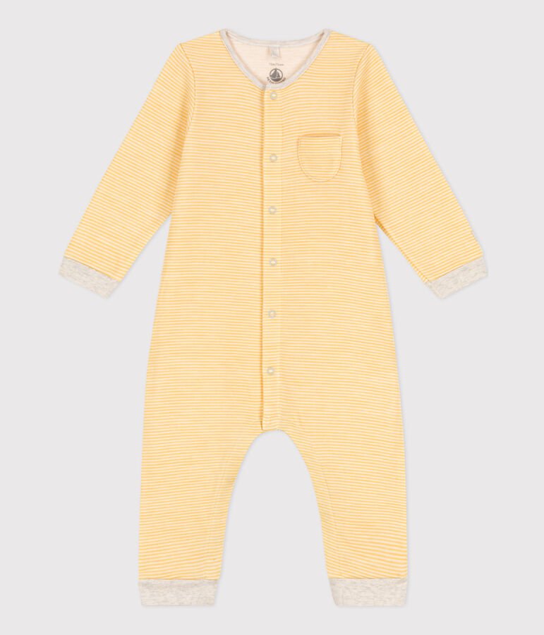 Combinaison longue ray&eacute;e b&eacute;b&eacute; en laine et coton biologique jaune OCRE/blanc MARSHMALLOW