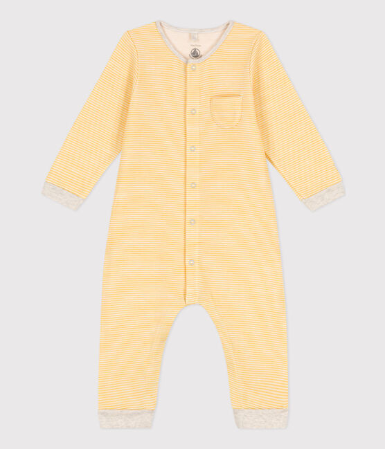 Combinaison longue rayée bébé en laine et coton biologique jaune OCRE/blanc MARSHMALLOW