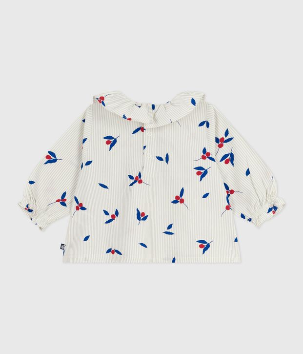 Blouse b&eacute;b&eacute; en popeline de coton manches longues, imprim&eacute; baies bleu/multicouleur