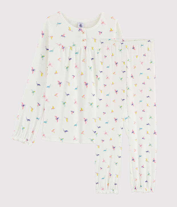 Pyjama imprim&eacute; oiseaux petite fille en c&ocirc;te blanc/multicouleur