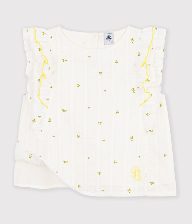 Blouse enfant en coton sans manche imprim&eacute;e fleurs blanc/vert
